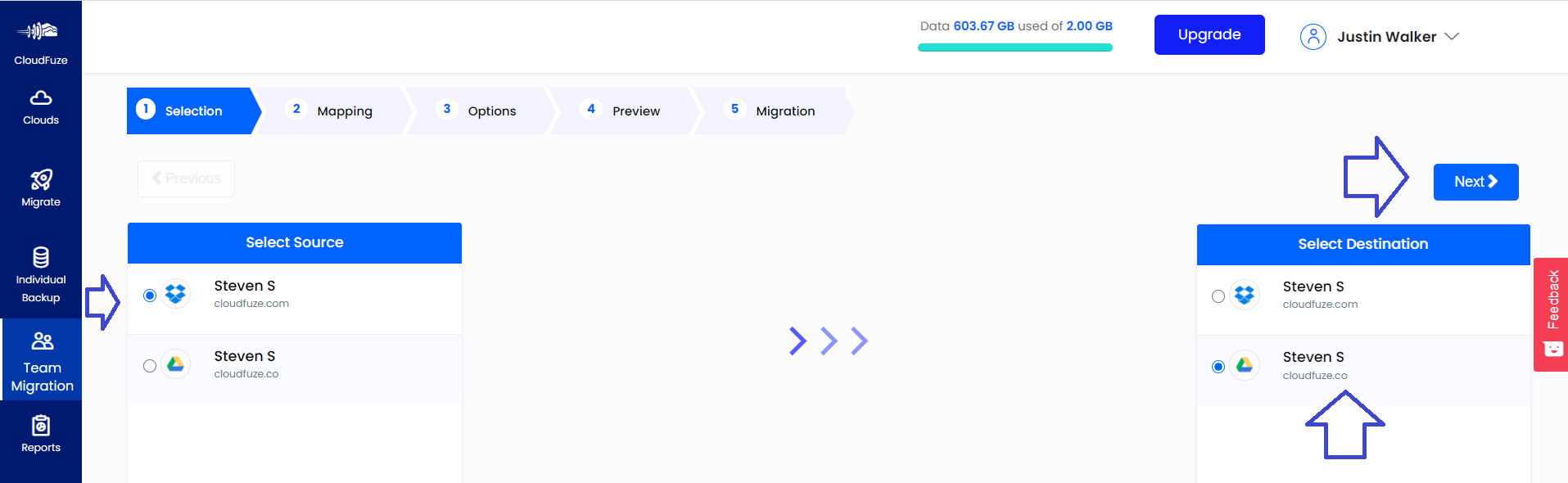 Select Dropbox as source and Google Shared Drive as Destination