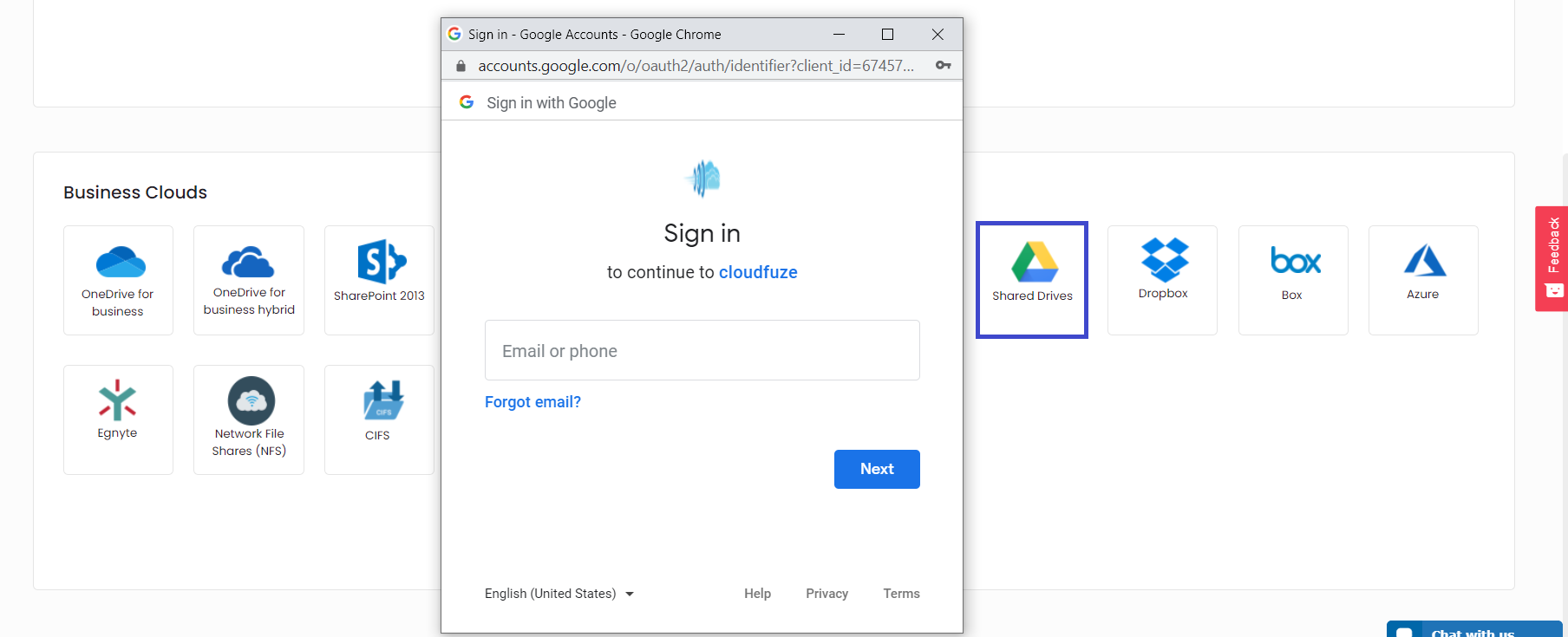 Enter Google Shared Drive credentials