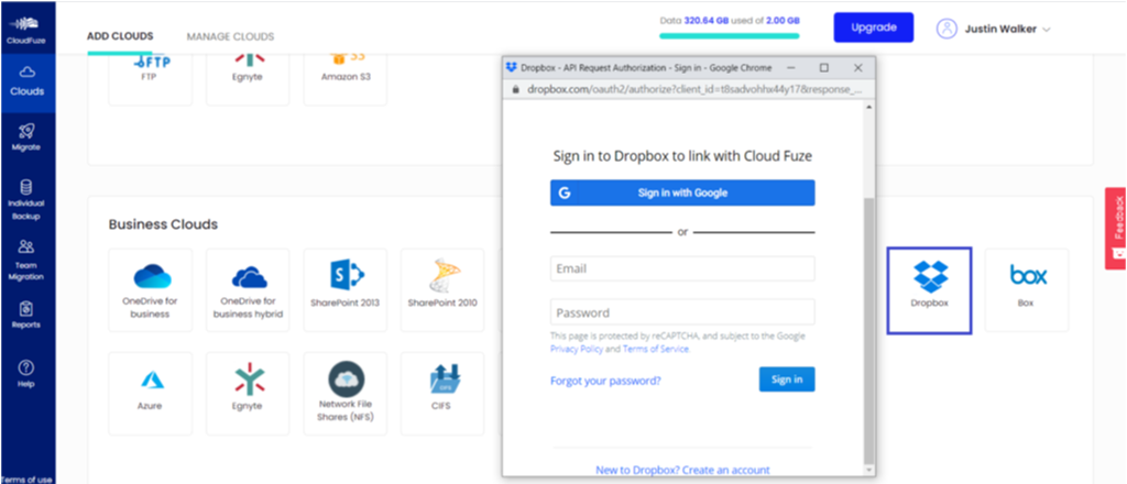 Enter dropbox login details