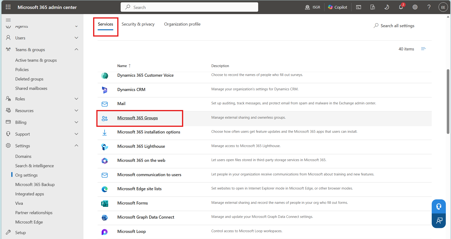 Microsoft 365 Groups under Services tab