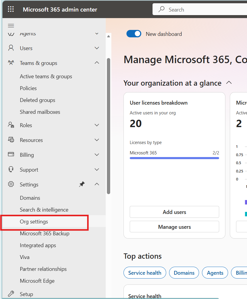 Org Settings under Settings