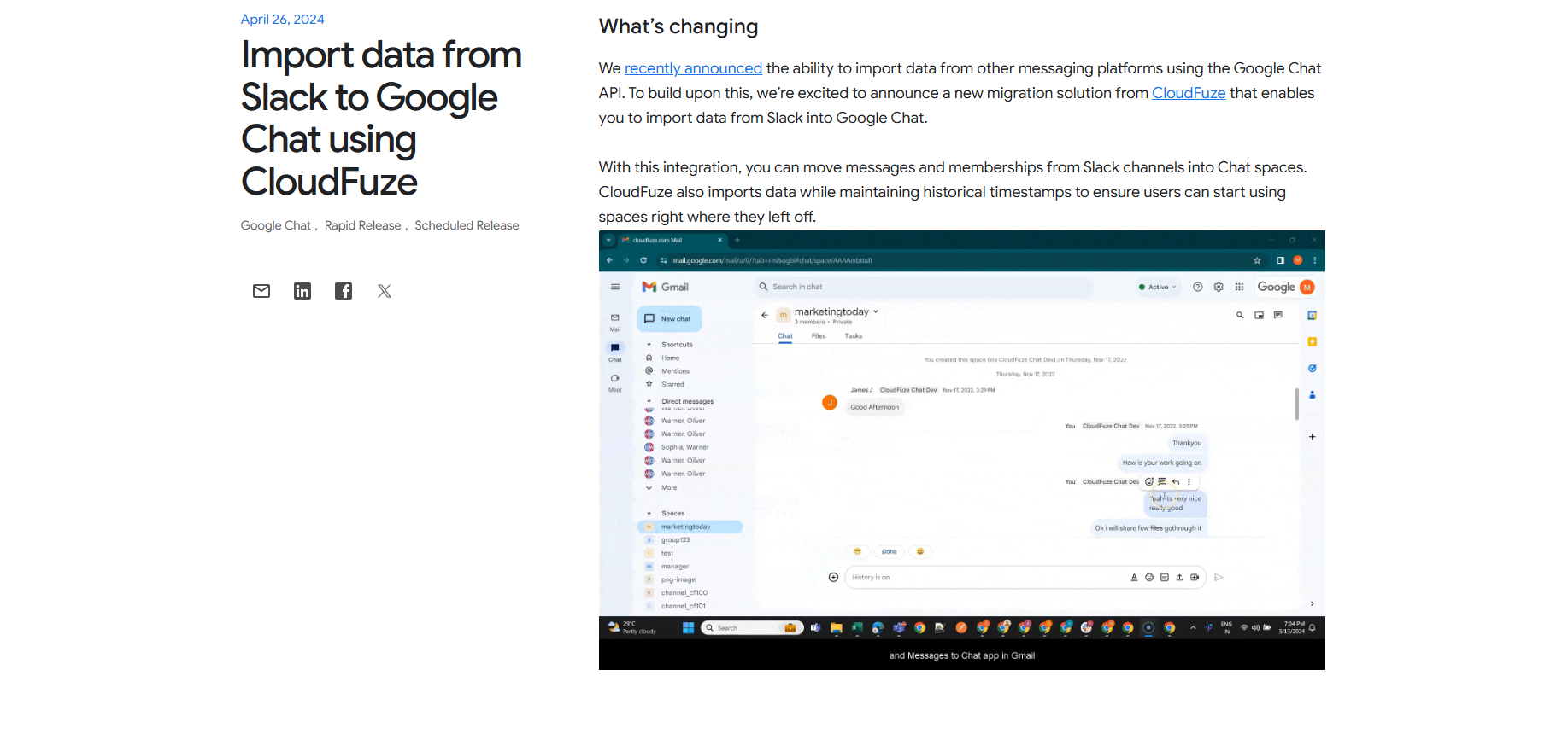 official release from the Google Workspace team showcasing our expertise in Slack-to-Google Chat migration