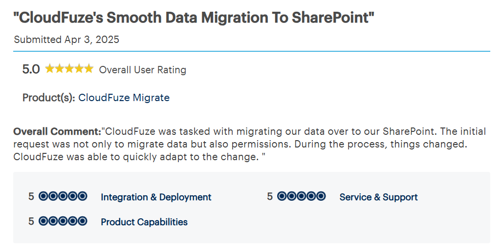 Gartner Review of CloudFuze highlighting scalibility and flexibility