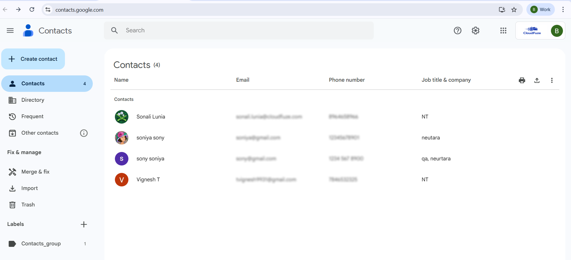 Google Contacts Before Migration