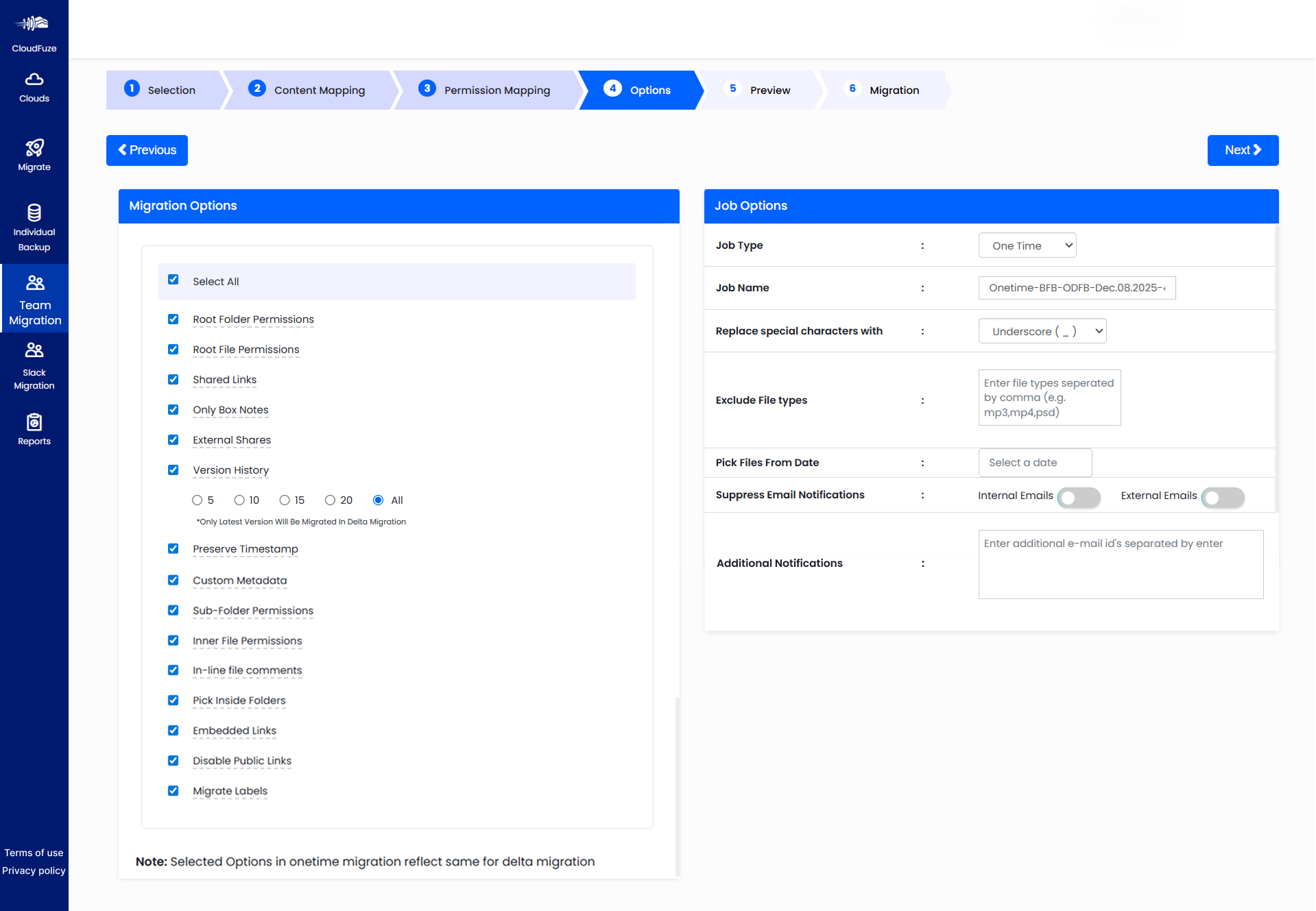 Metadata migration via CloudFuze