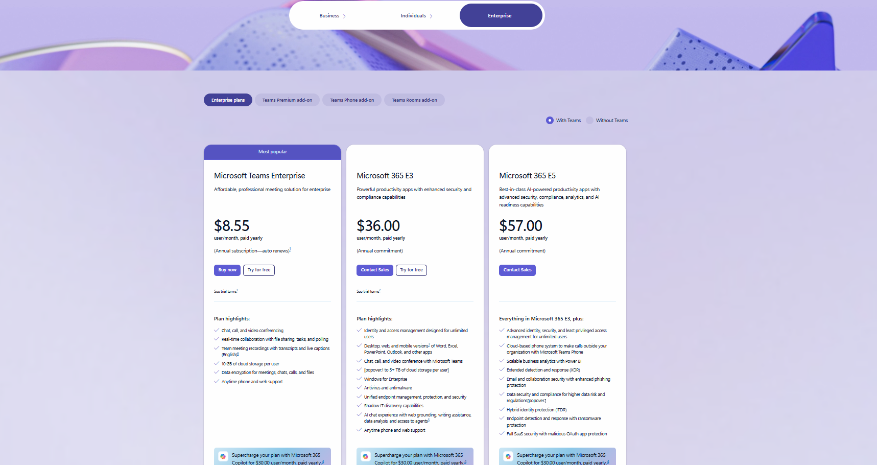 Microsoft Team's pricing for Enterprise plans