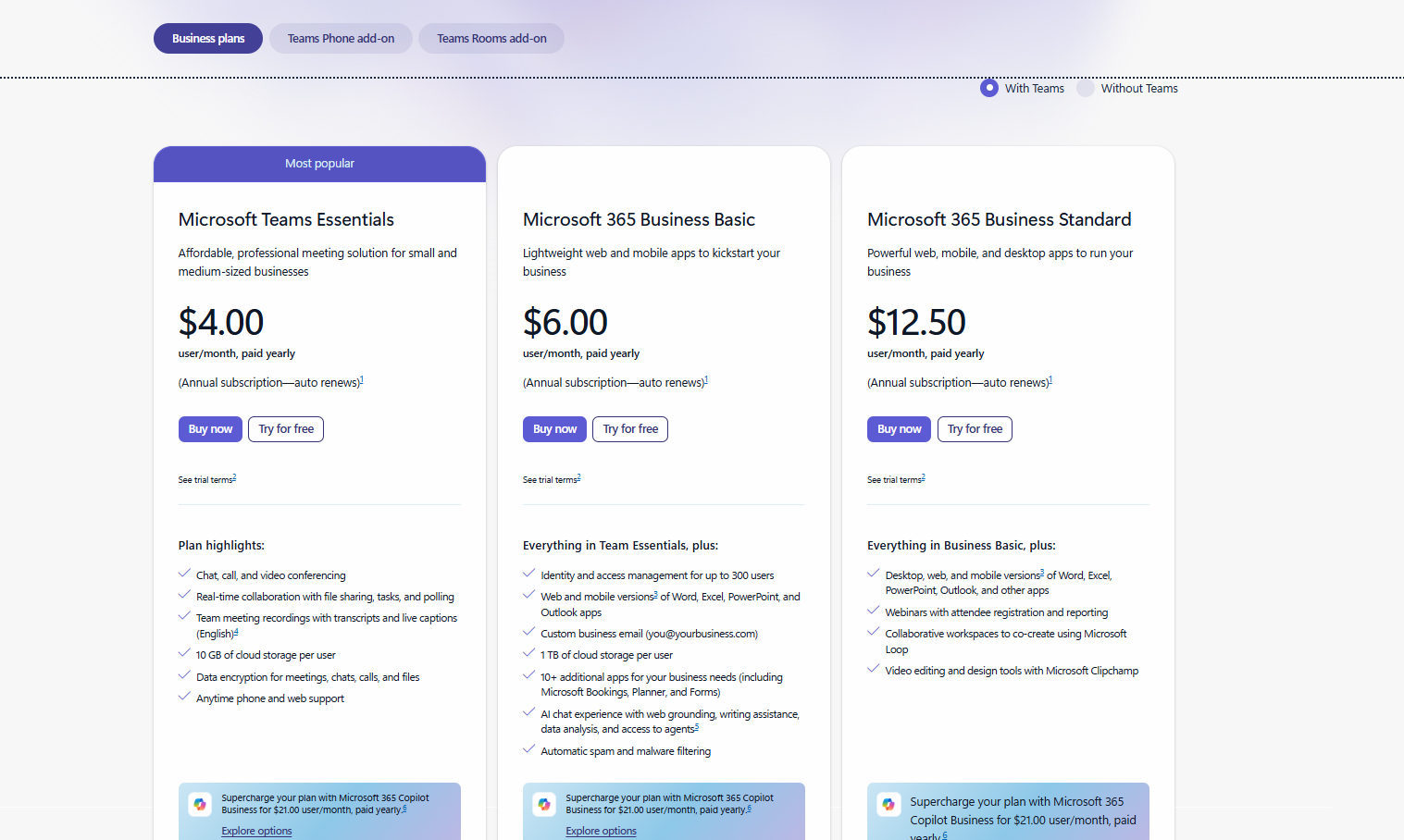 Microsoft Team's pricing for business plans