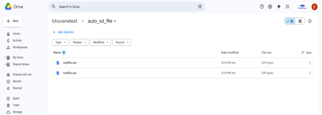shows file duplicates in the Google Drive folder of user E.