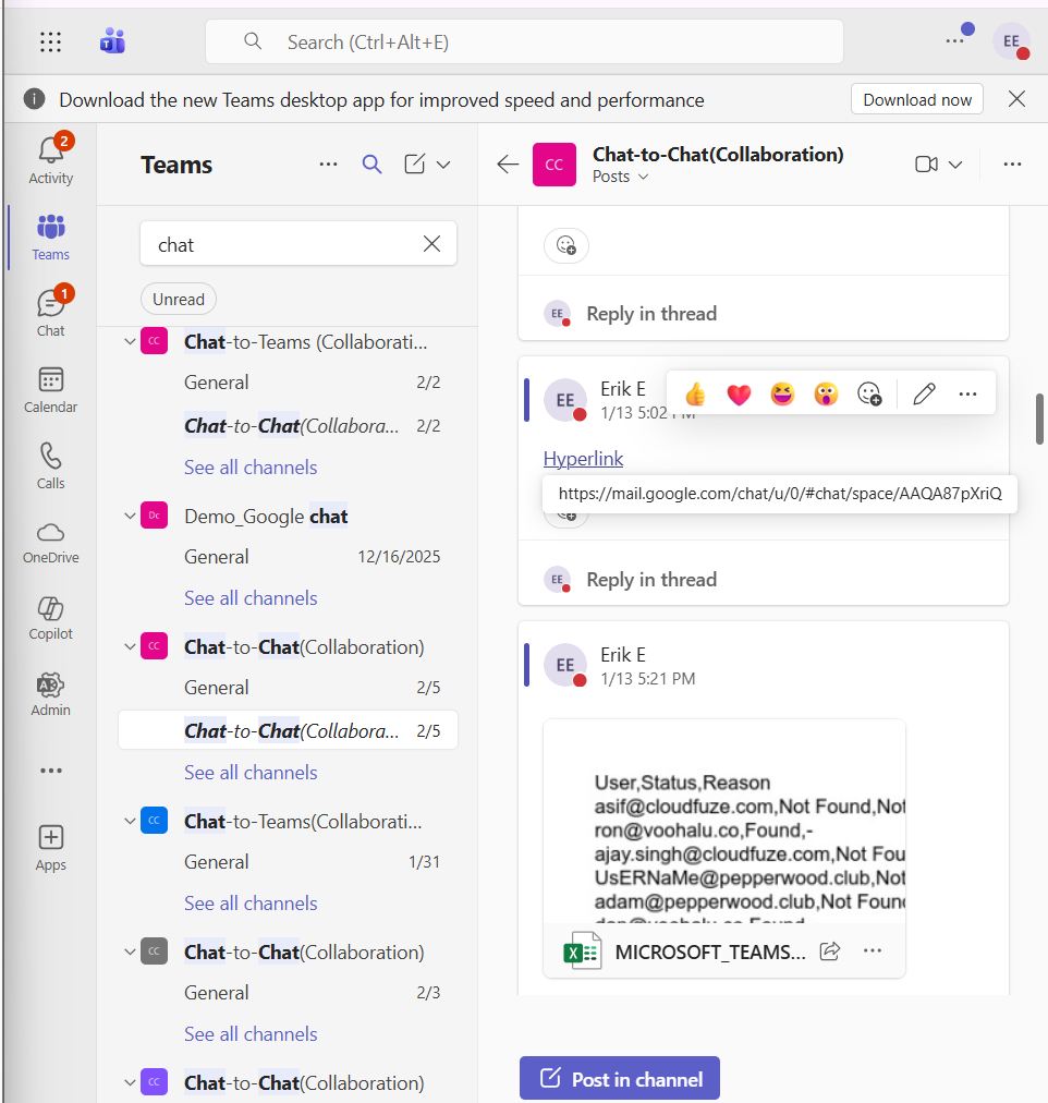 Google Chat hyperlinks migrated to Teams using CloudFuze Migrate