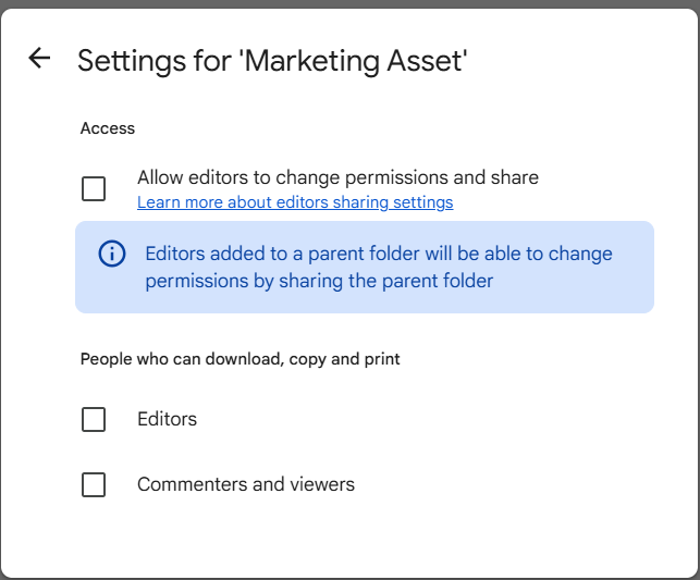 Google drive restrictions for editors to change permissions and share