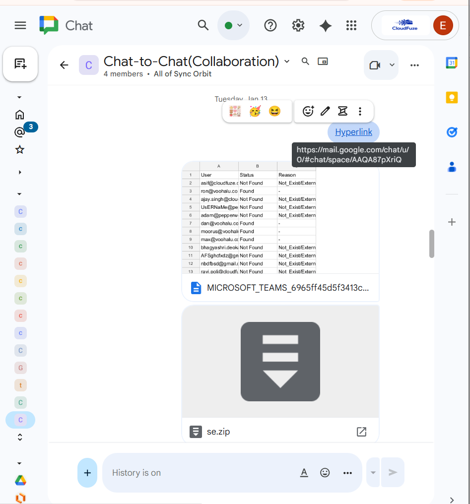 Hyperlinks in Google Chat platform