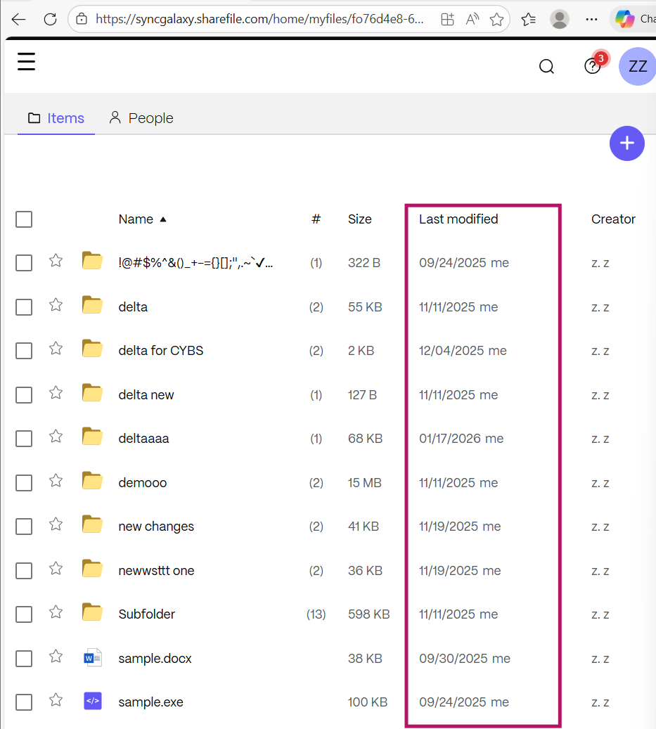files in Citrix ShareFile with timestamps