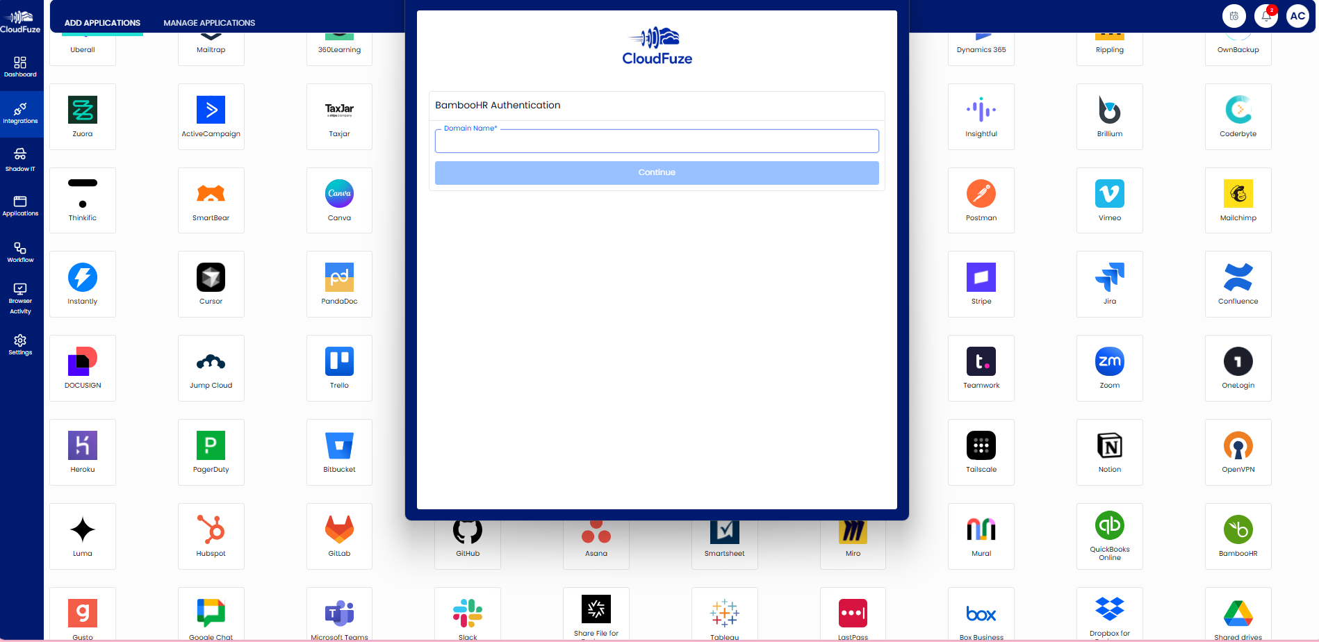 CloudFuze Manage's Integration Tab