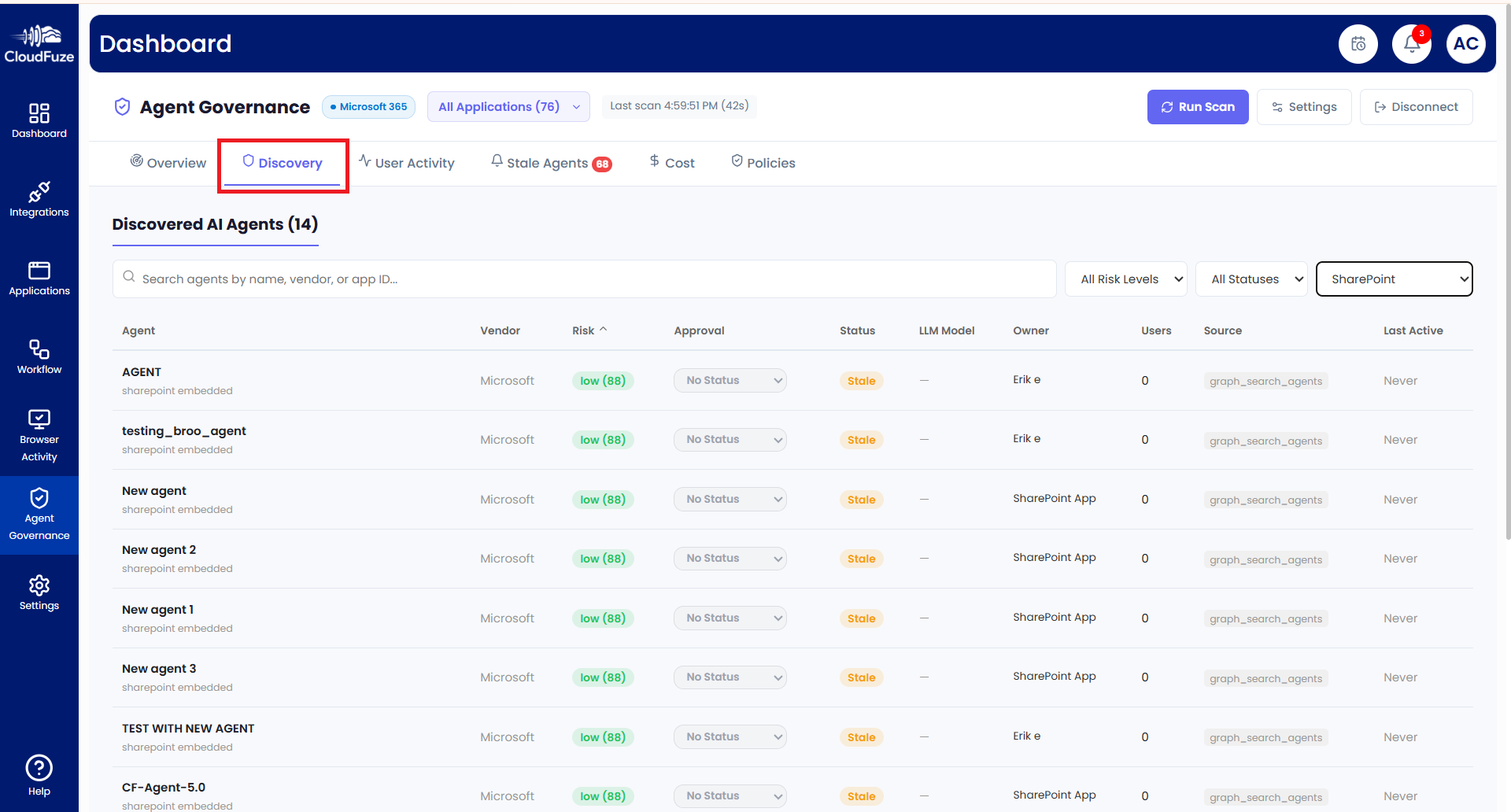 AI agent discovery in CloudFuze Manage
