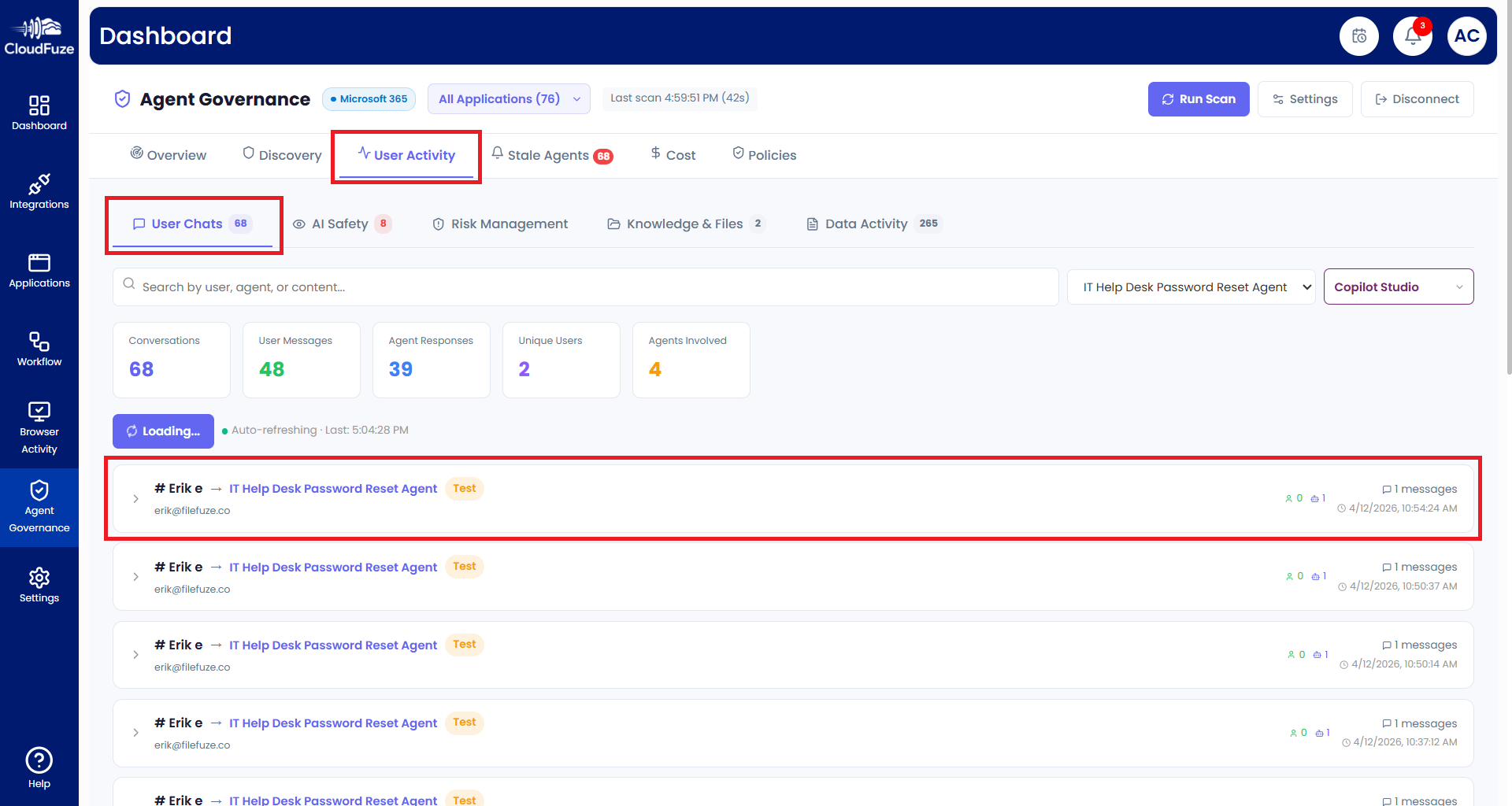 AI agent user activities report in CloudFuze Manage