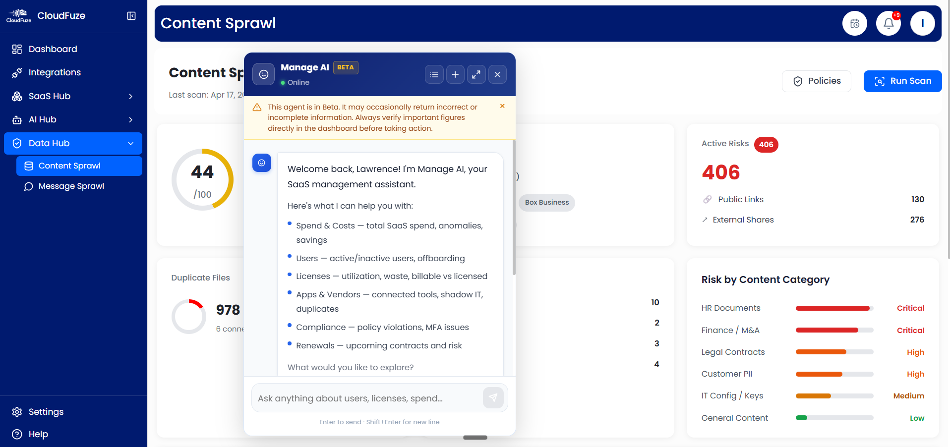 AI chat agent in CloudFuze Manage