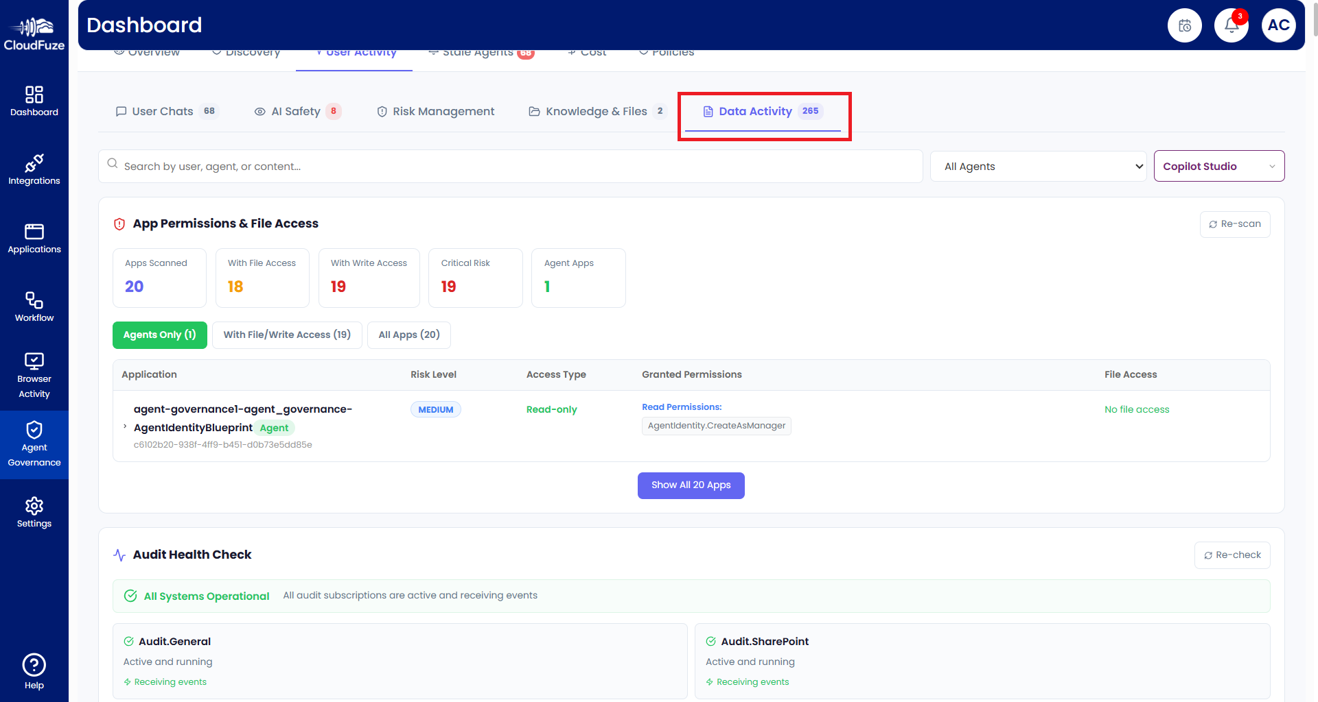 Checking app permissions and file access of AI agents