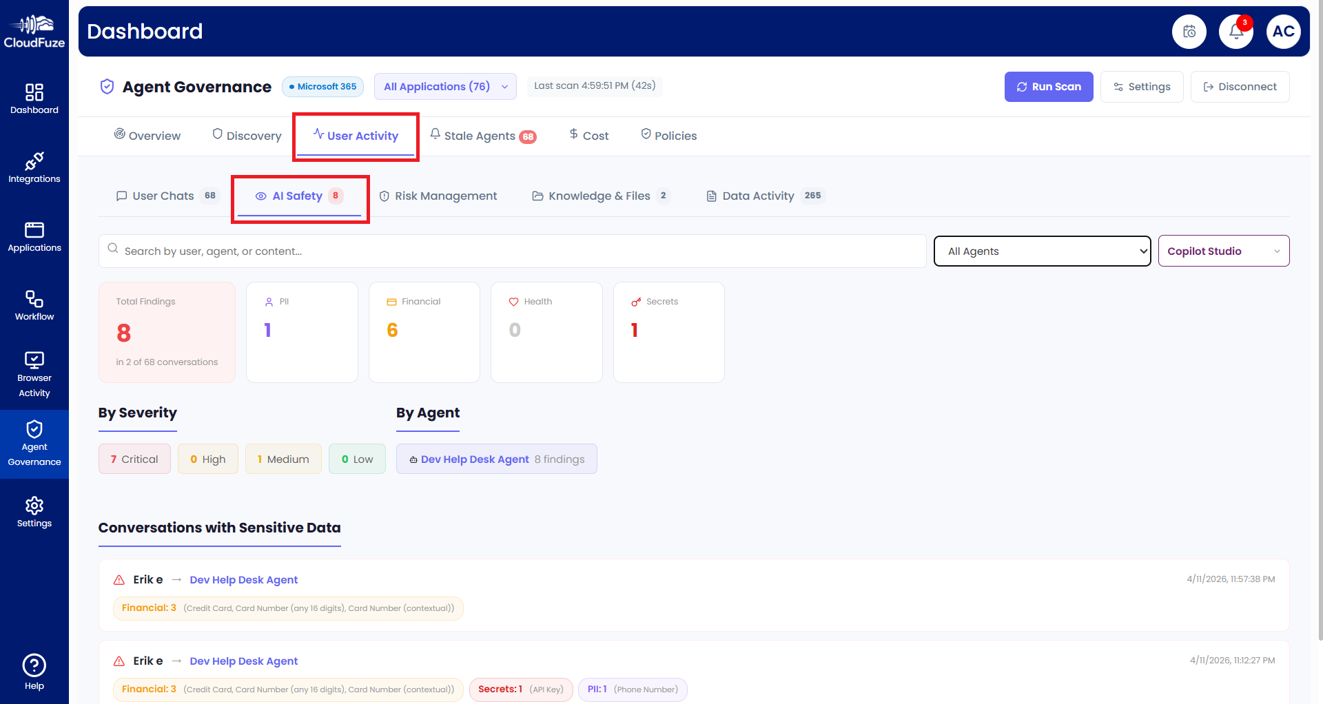 Monitoring safety in conversations with AI agents in CloudFuze Manage