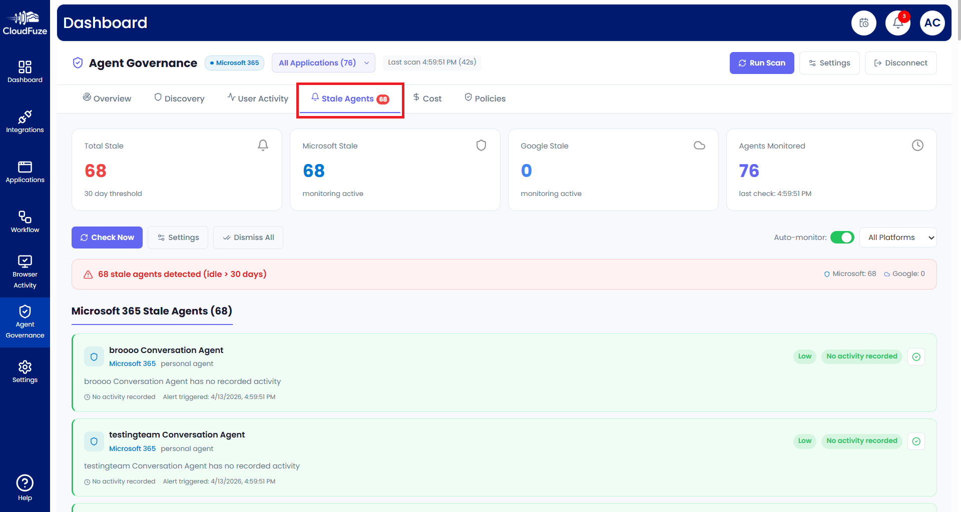Stale AI Agents reports in CloudFuze Manage