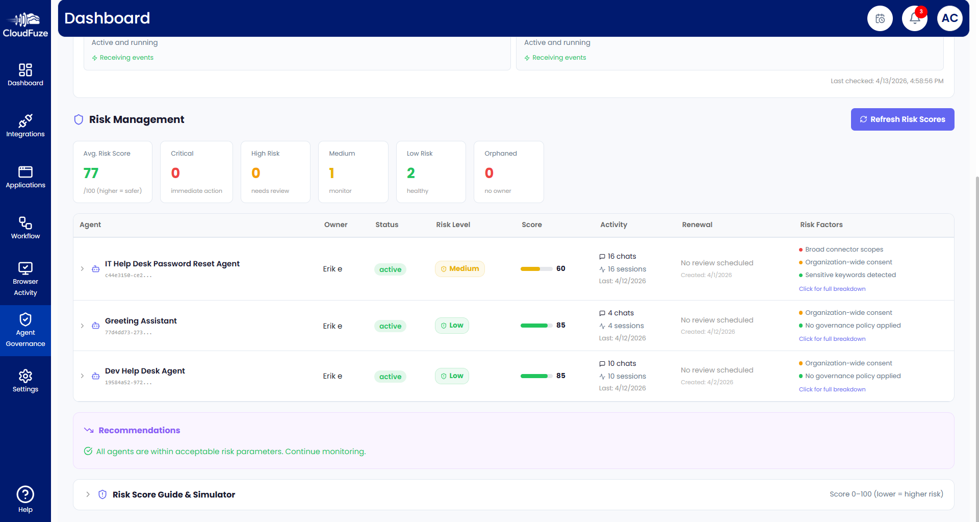 User activity-based risk management of AI agents in CloudFuze Manage