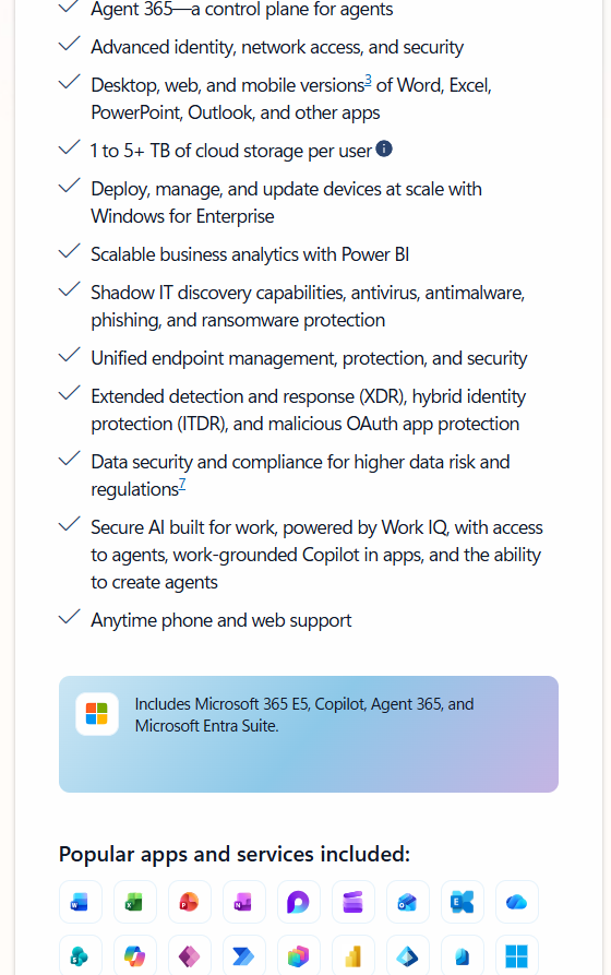 MS 365 E7 plan features without Teams