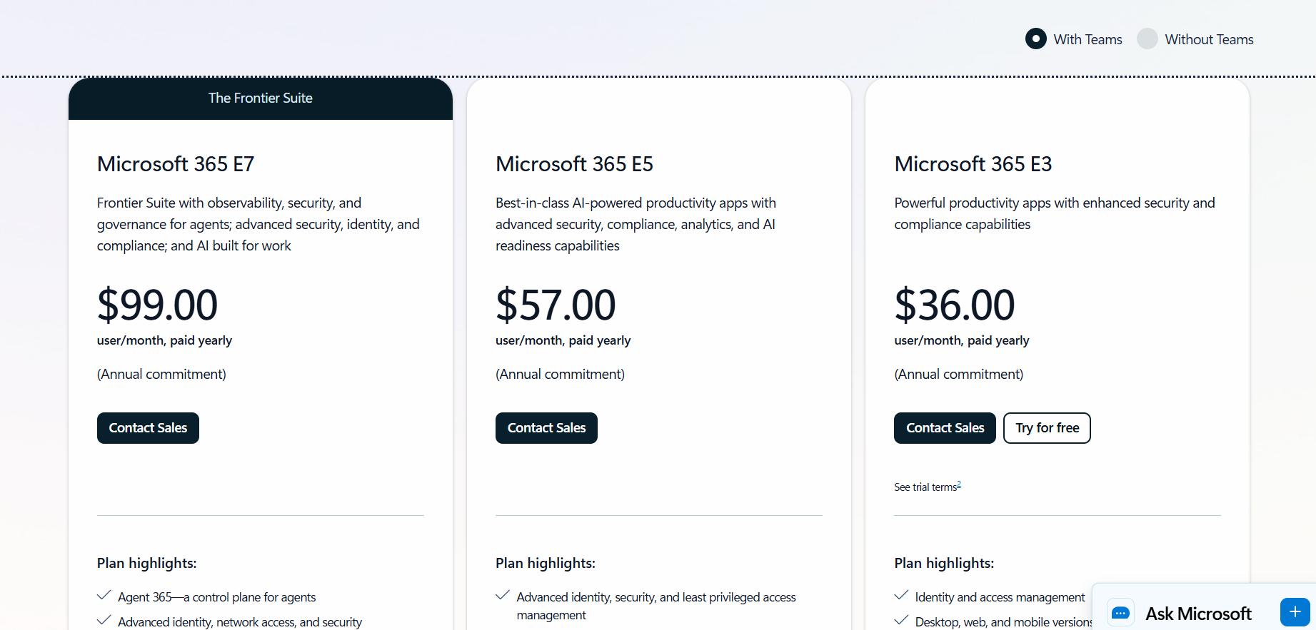 MS 365 E7 pricing with Teams