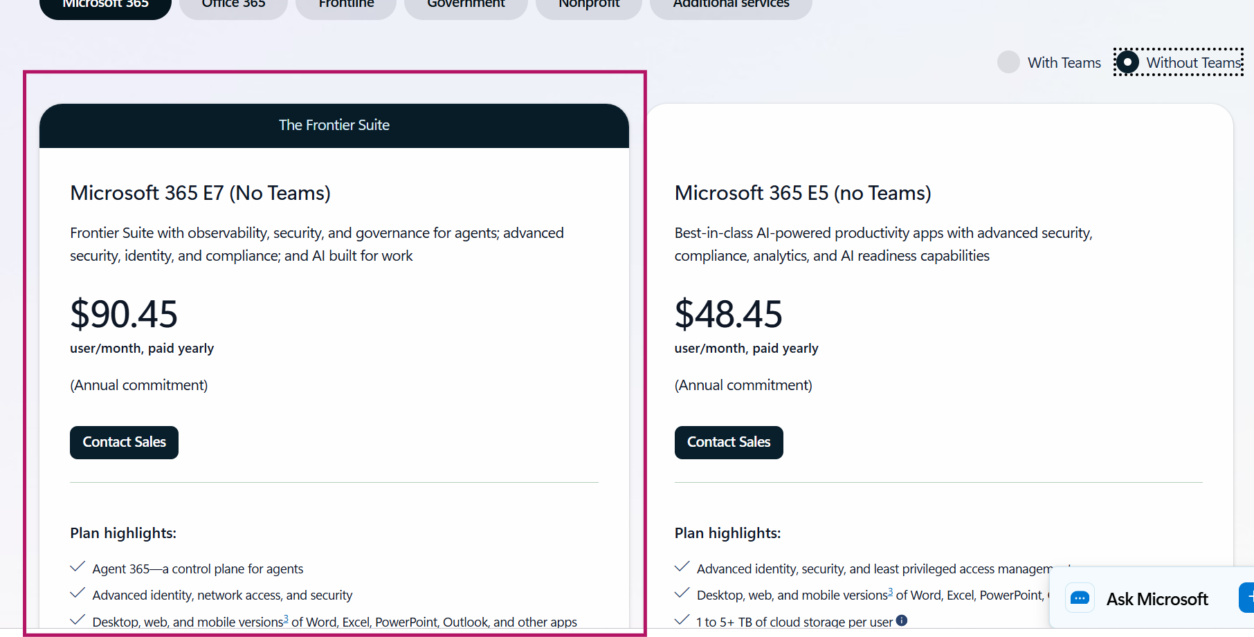 MS 365 E7 pricing without Teams