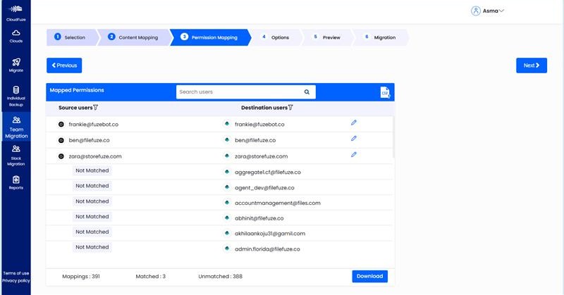 Mapping of users from ShareFile to Microsoft 365 in CloudFuze dashboard