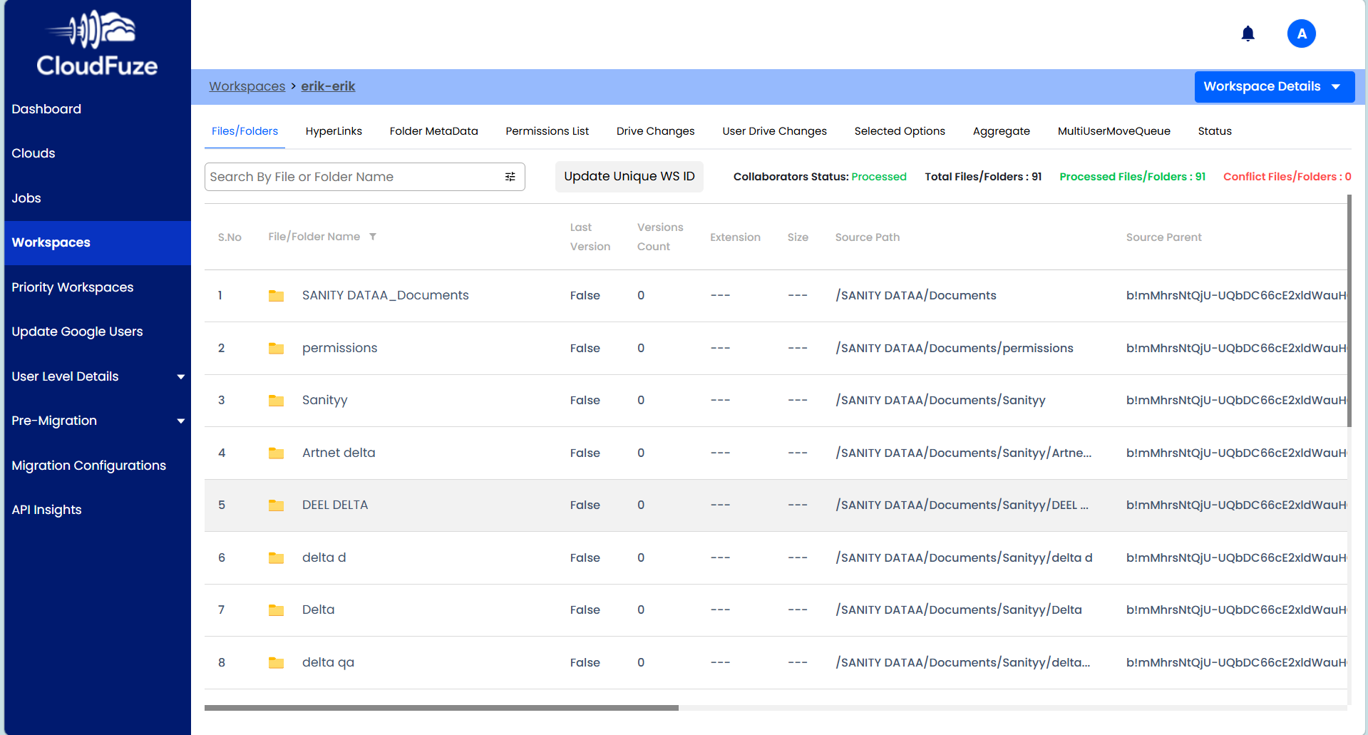 Workspaces showing relevant migration details