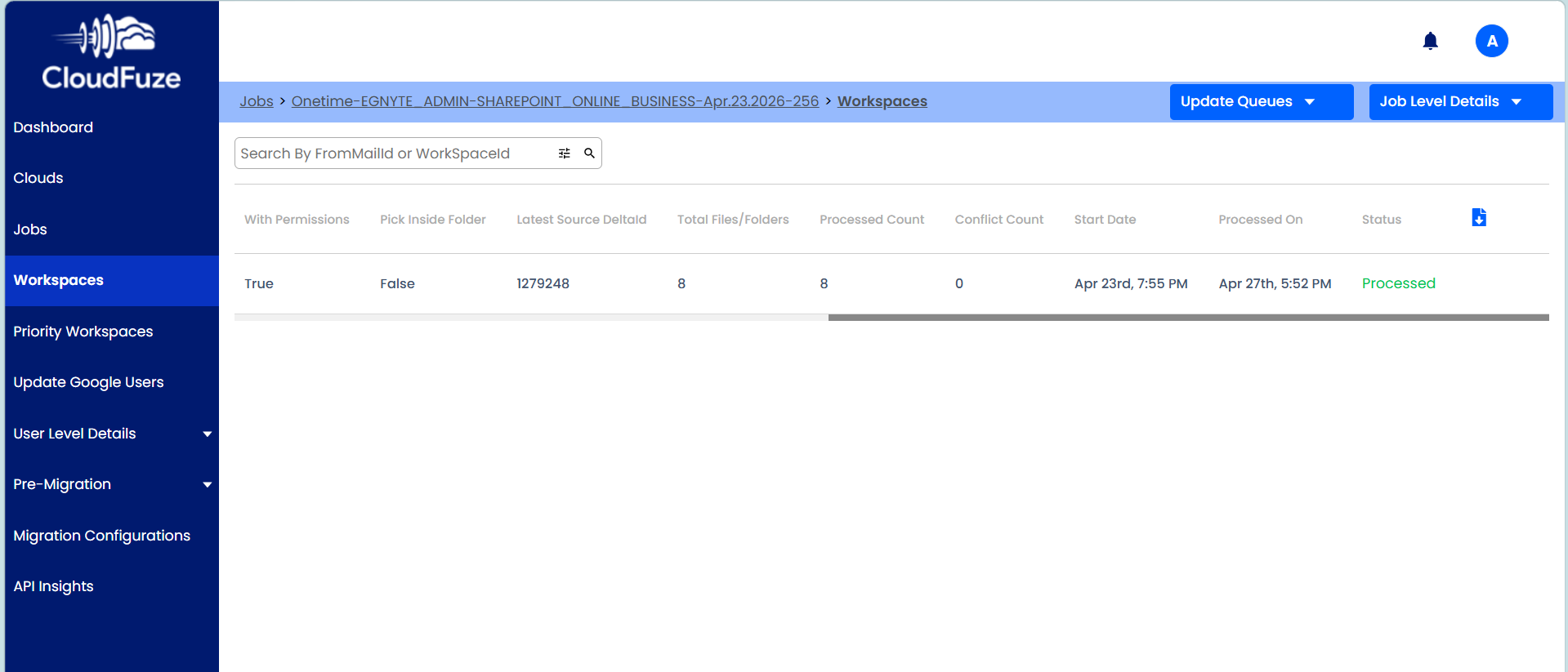 Workspaces showing total file count and other migration details