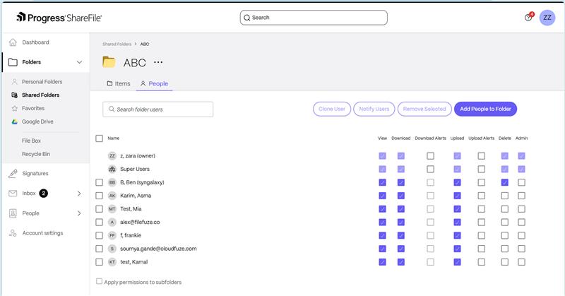 Permissions set for the shared sharefile folders