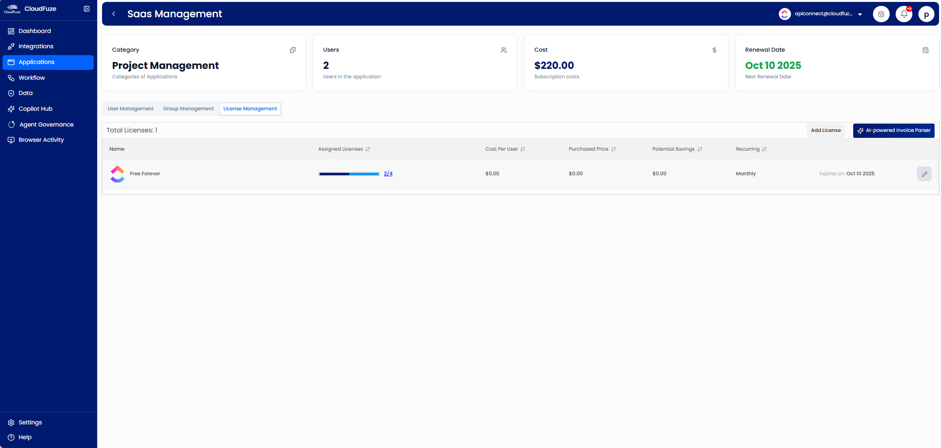 CloudFuze Manage: license management dashboard