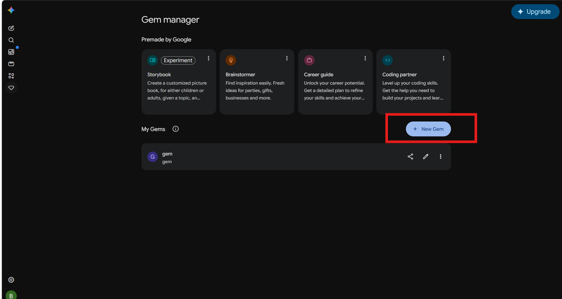 Navigating to New Gem in Gemini web app