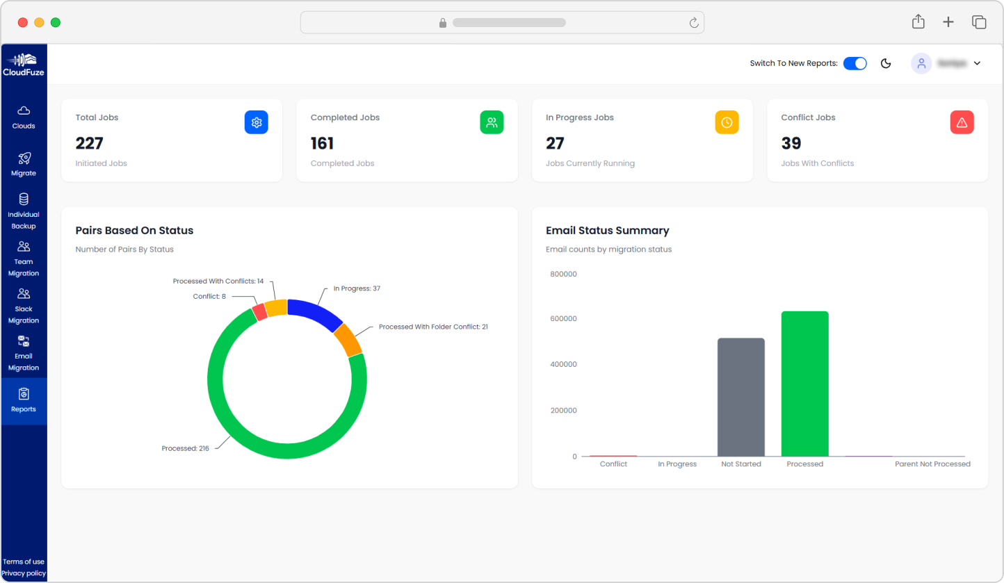 Outlook to gmail cloudfuze report page