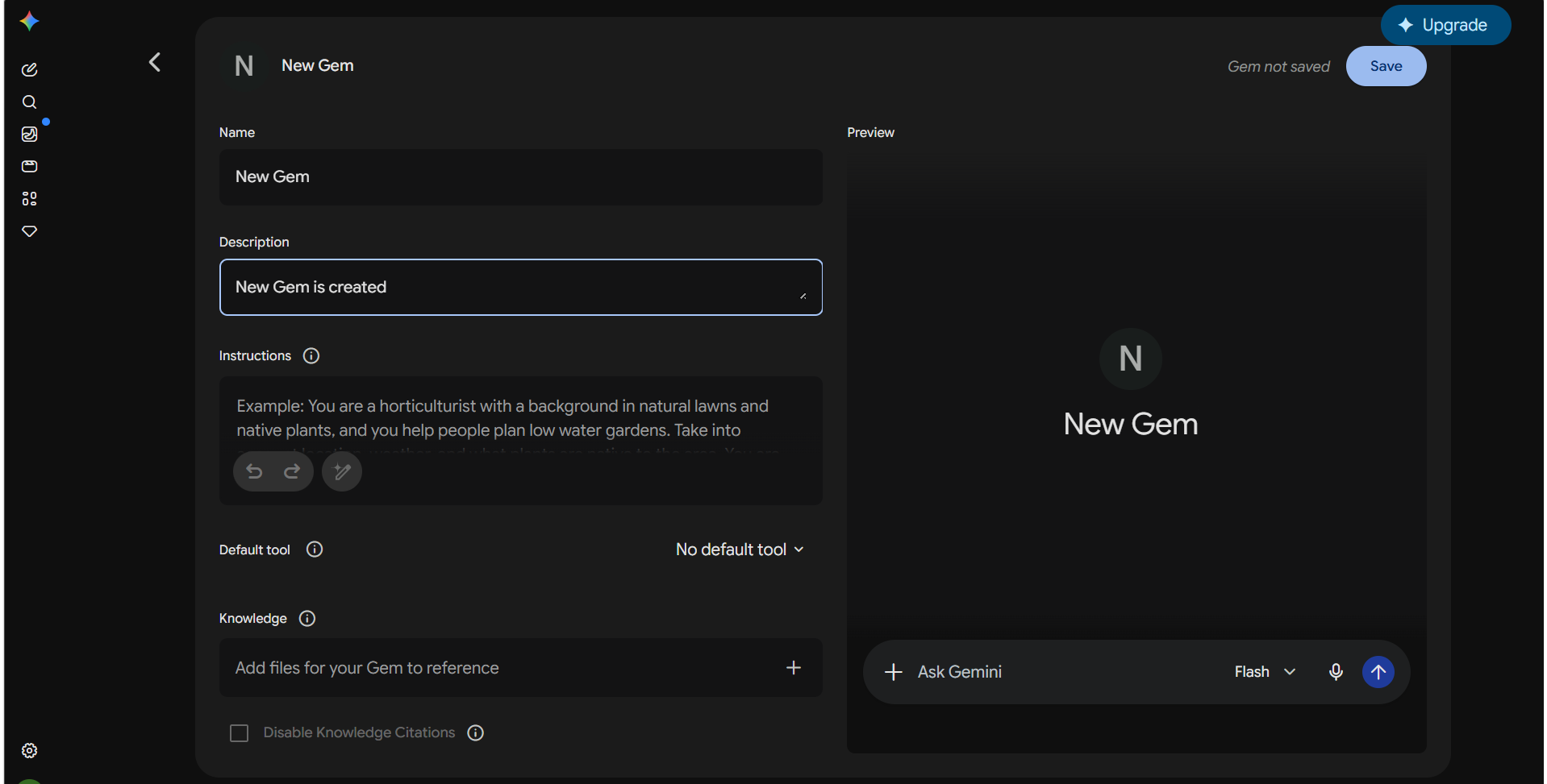 Providing information in a new gem in Gemini