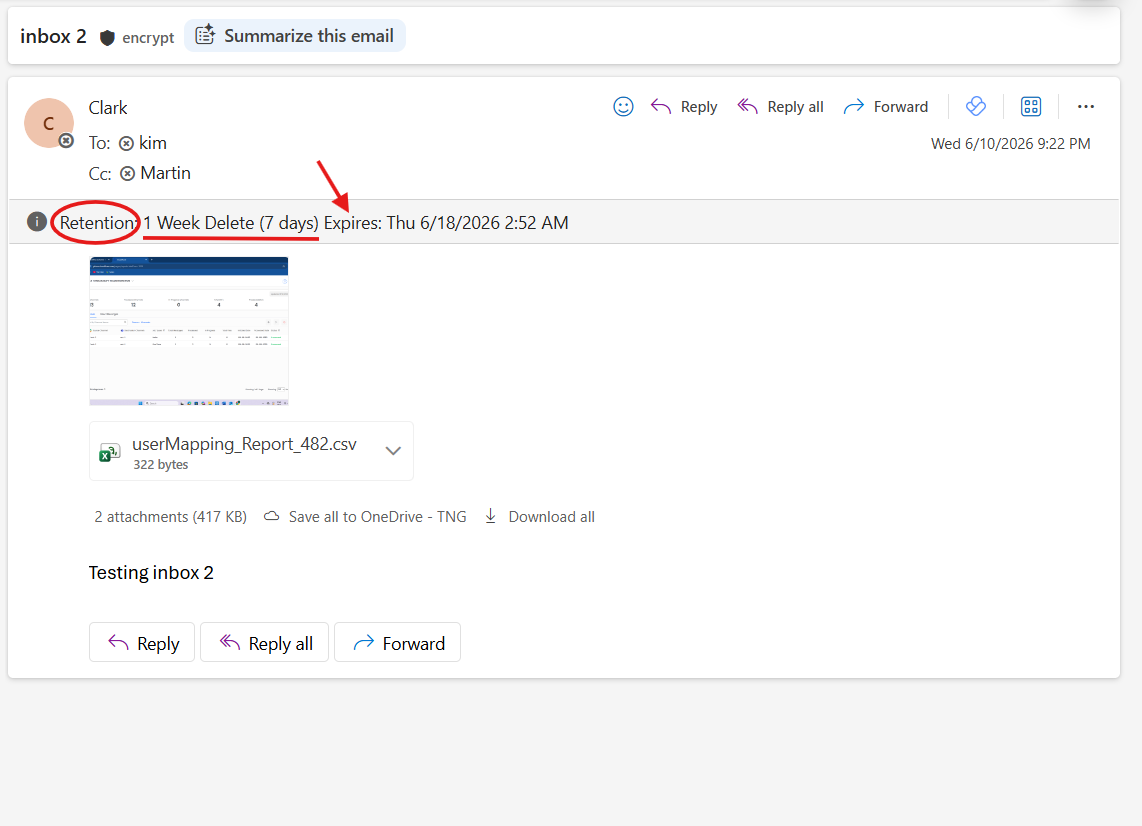 retention policy set for the email message