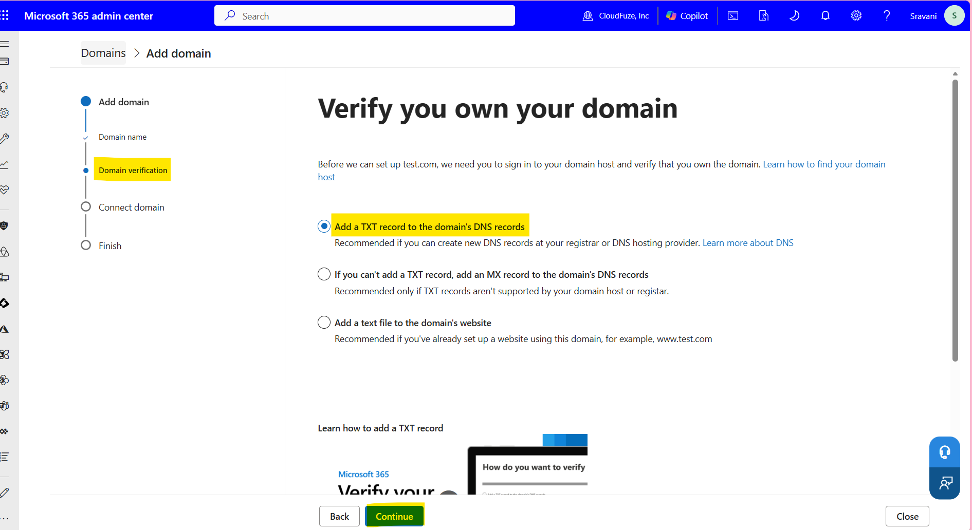 Adding TXT record to the domain's DNS records