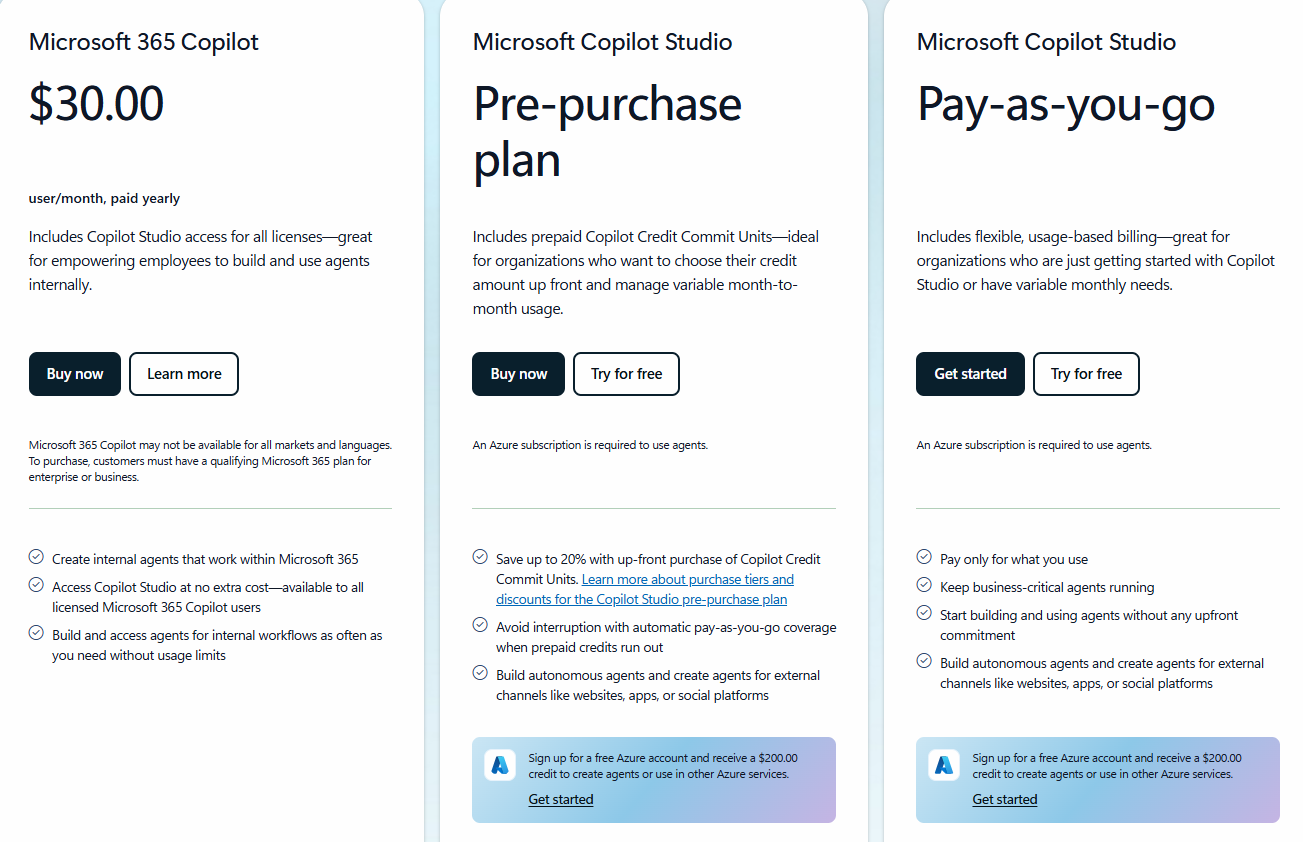 Copilot and Copilot Studio features and pricing