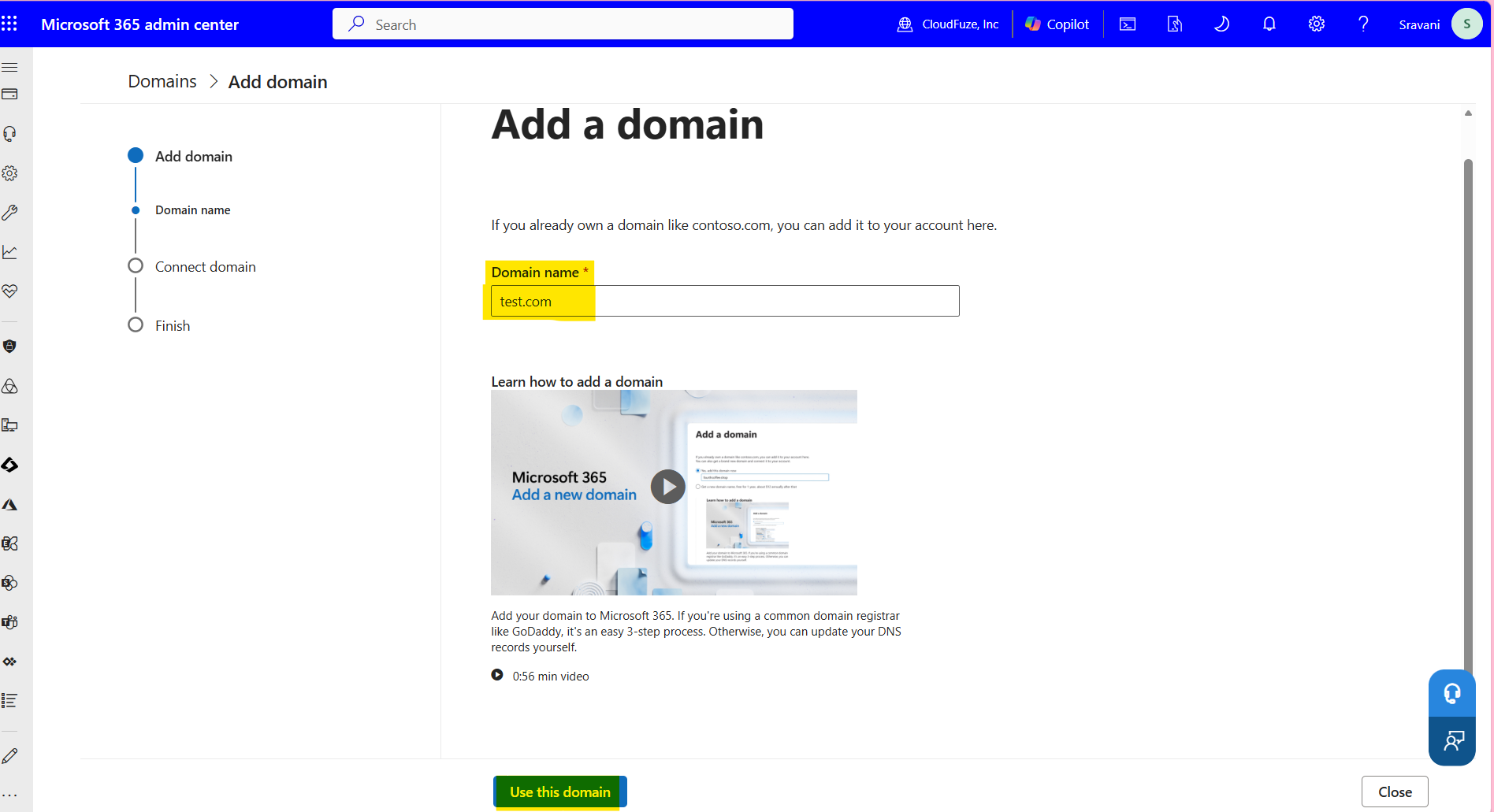 Entering new domain name