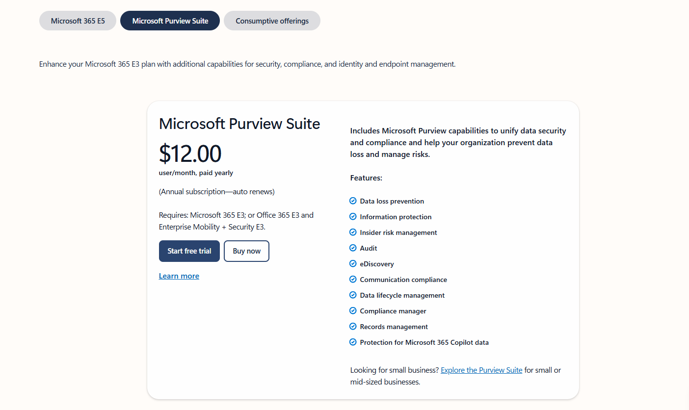 Microsoft Purview: Pricing Page