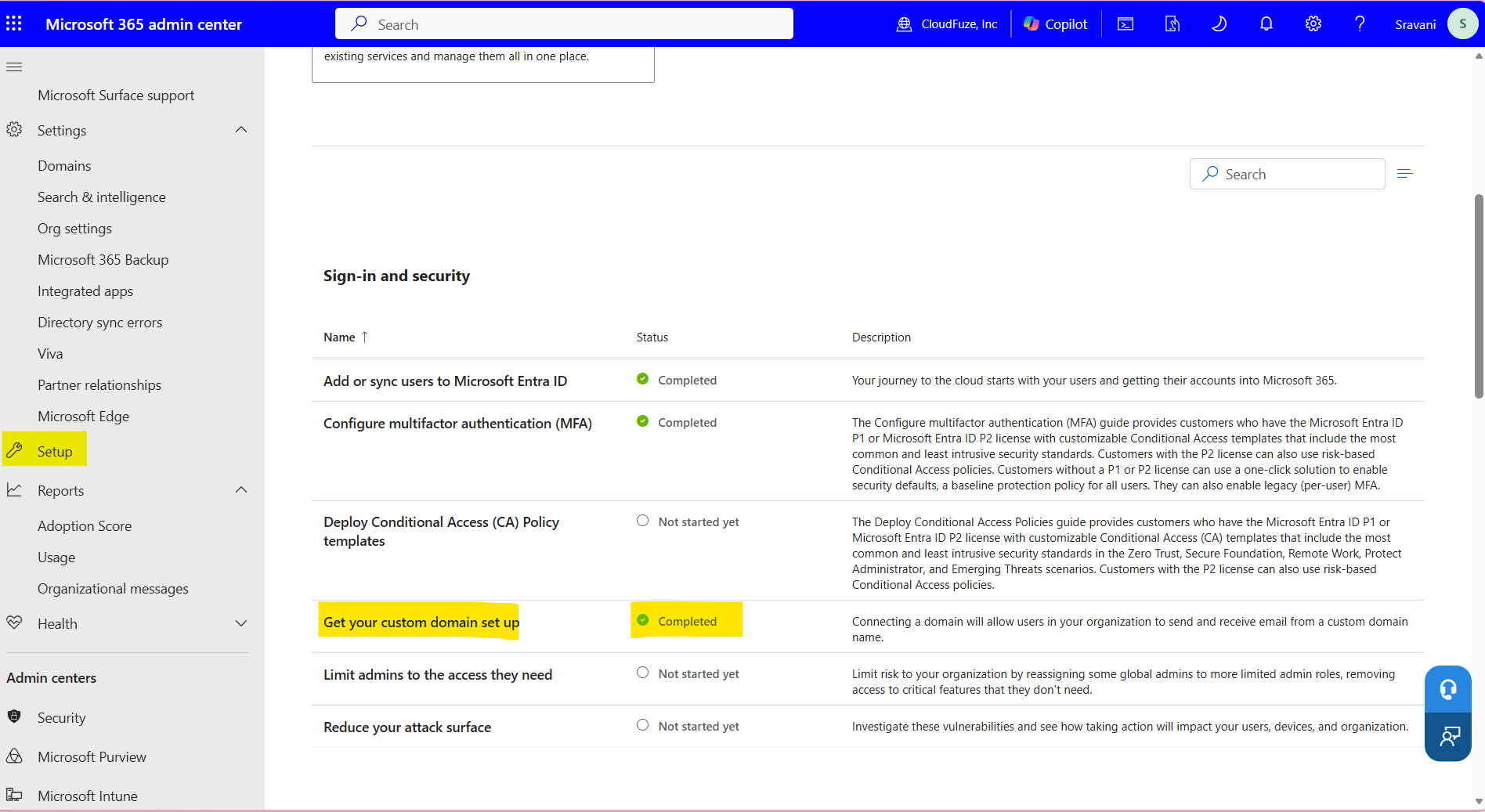Setup Menu in Microsoft 365 Admin Center