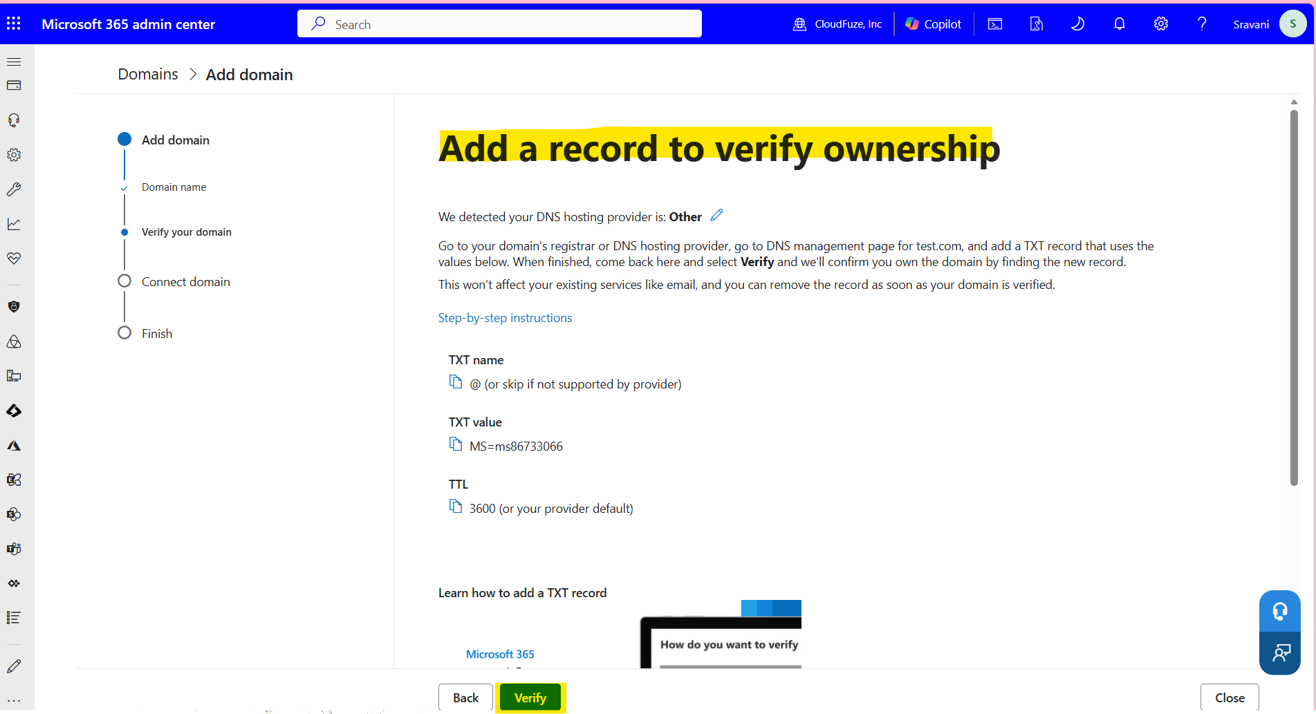 verifying the custom domain