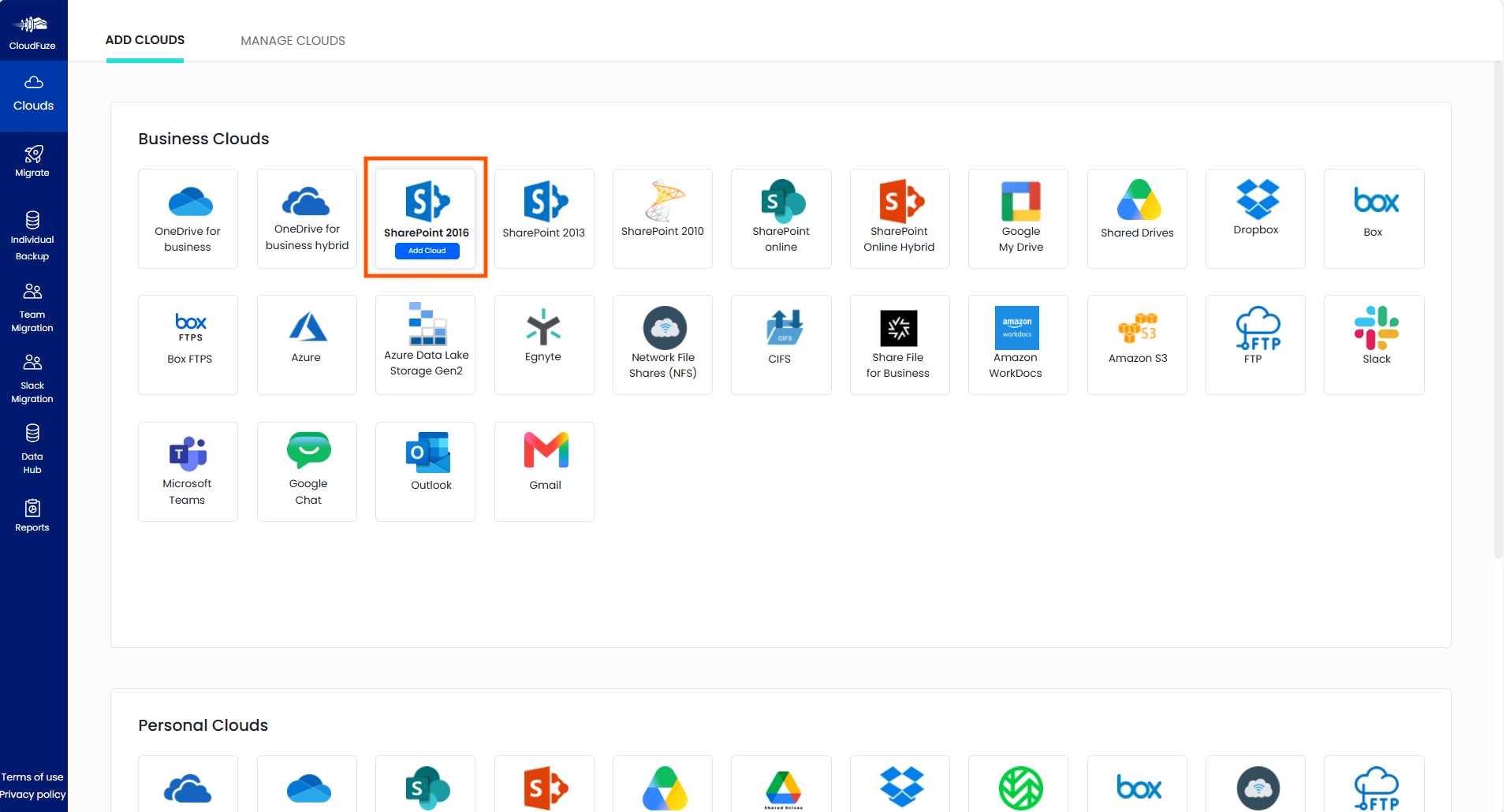 Add SharePoint 2016 to CloudFuze Migrate platform