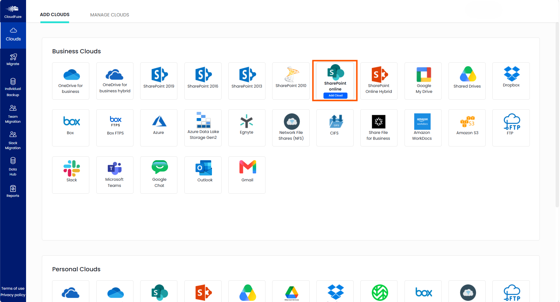 Add SharePoint Online to CloudFuze Migrate platform