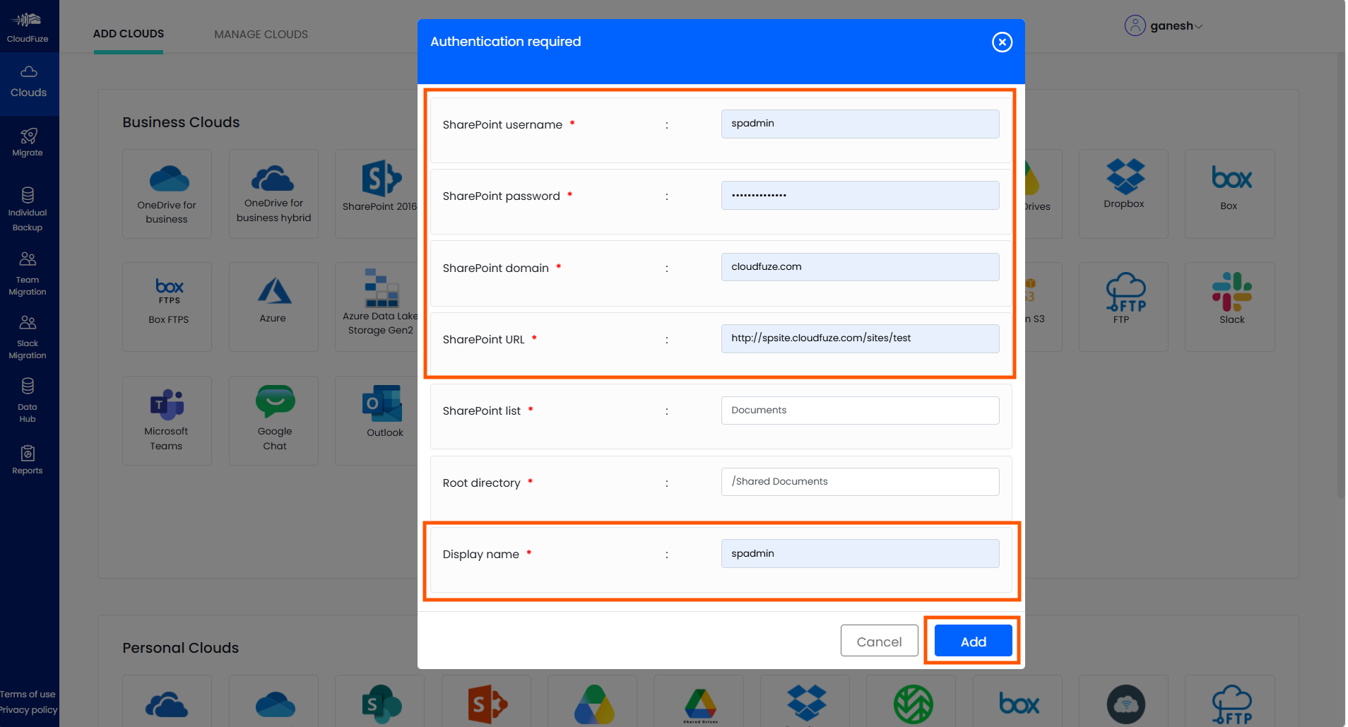 Authenticating SharePoint 2016 in CloudFuze Migrate platform