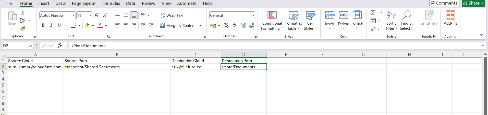 CSV mapping example
