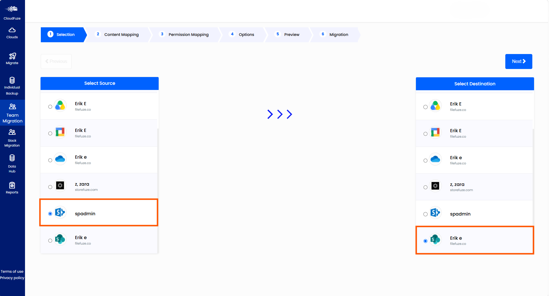 Choose the source and destination clouds