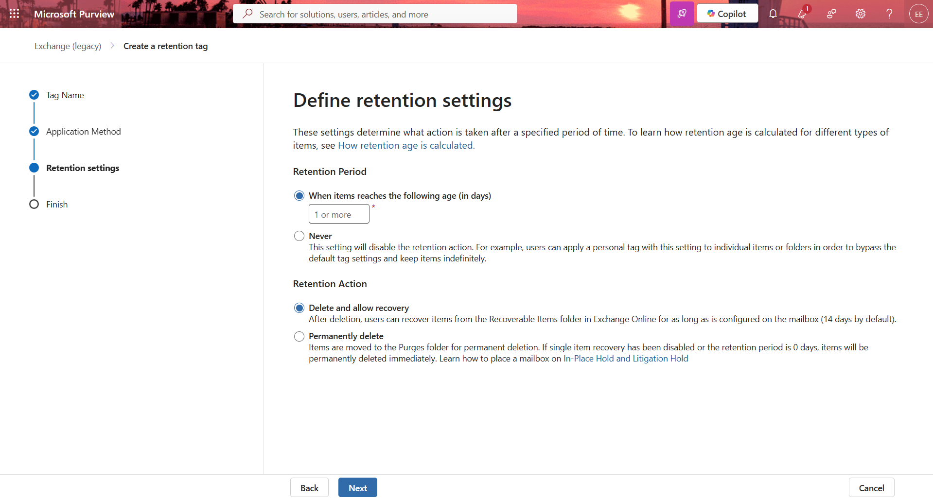 Define retention settings