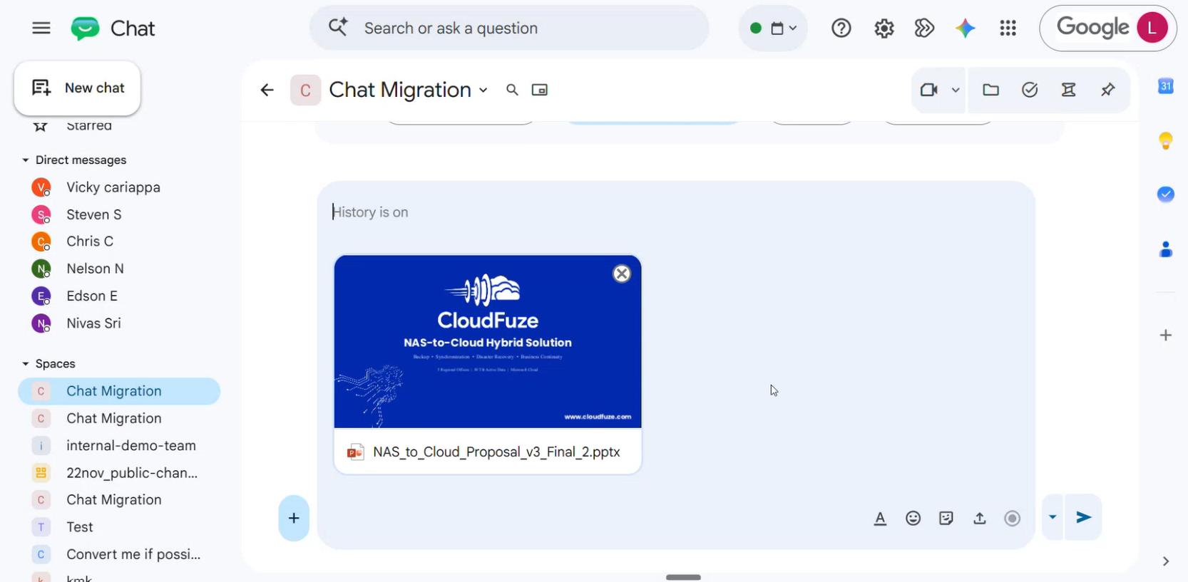 Google Chat does not allow multiple attachments in a single chat