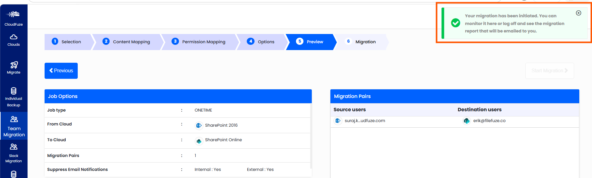 Preview and start the migration